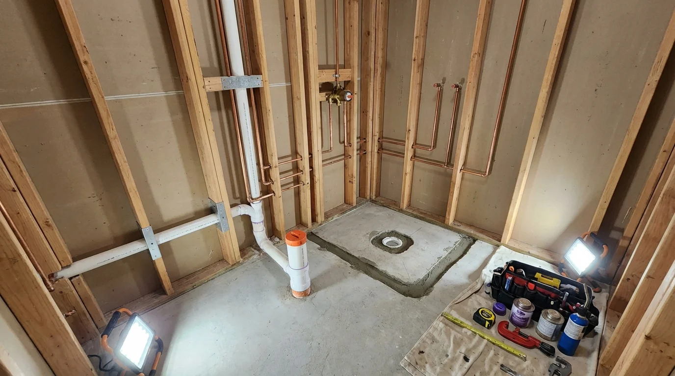 Bathroom rough-in plumbing during remodel by Johns Plumbing LLC in Kerrville