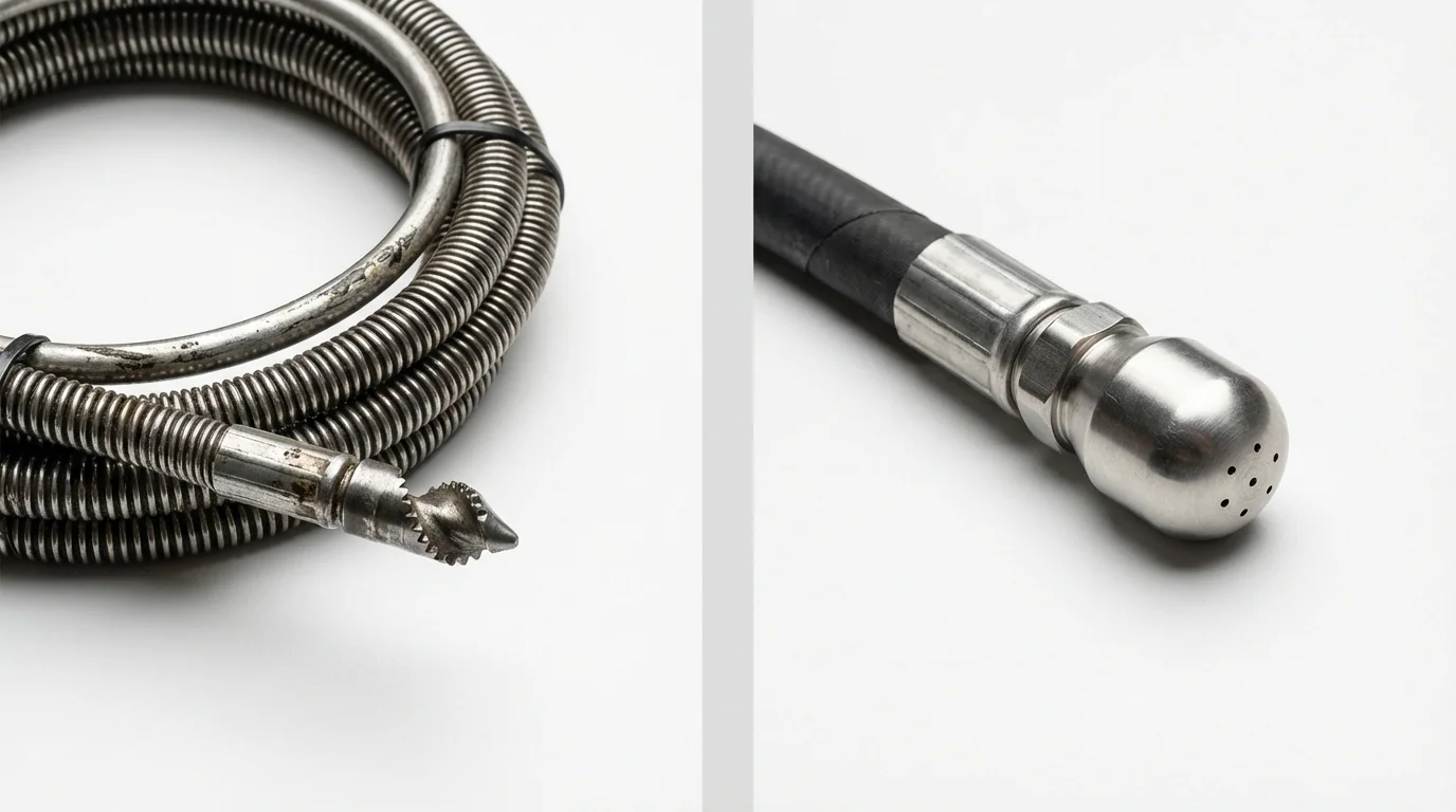 Drain snake cable and hydro jetting nozzle used for drain cleaning in Kerrville, TX
