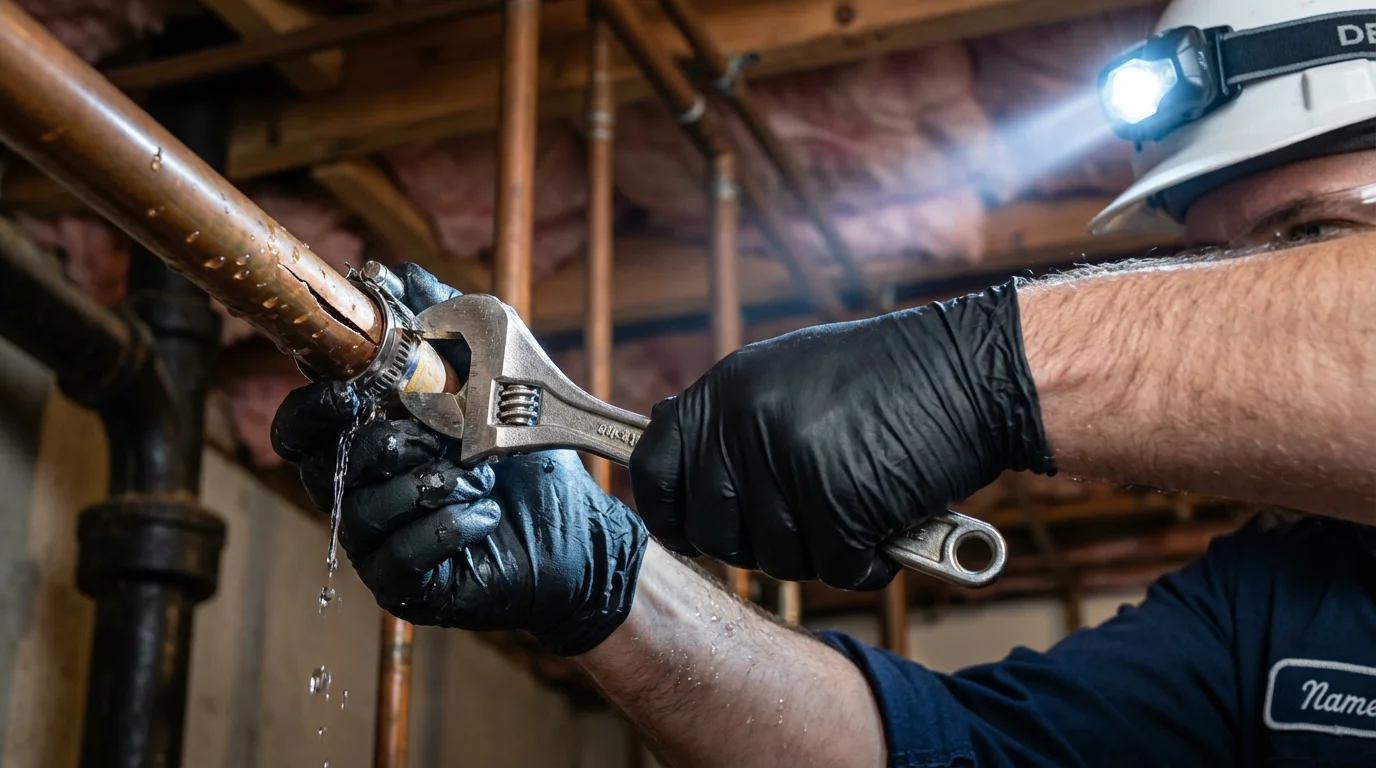 Emergency pipe clamp repair being performed by a Johns Plumbing LLC plumber in Kerrville