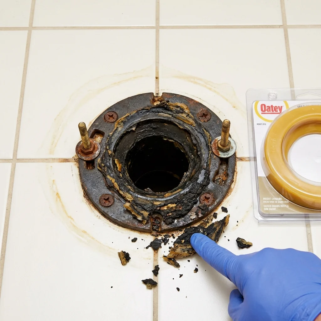 Failed wax ring showing water seepage at the base of a toilet in a Kerrville, TX home